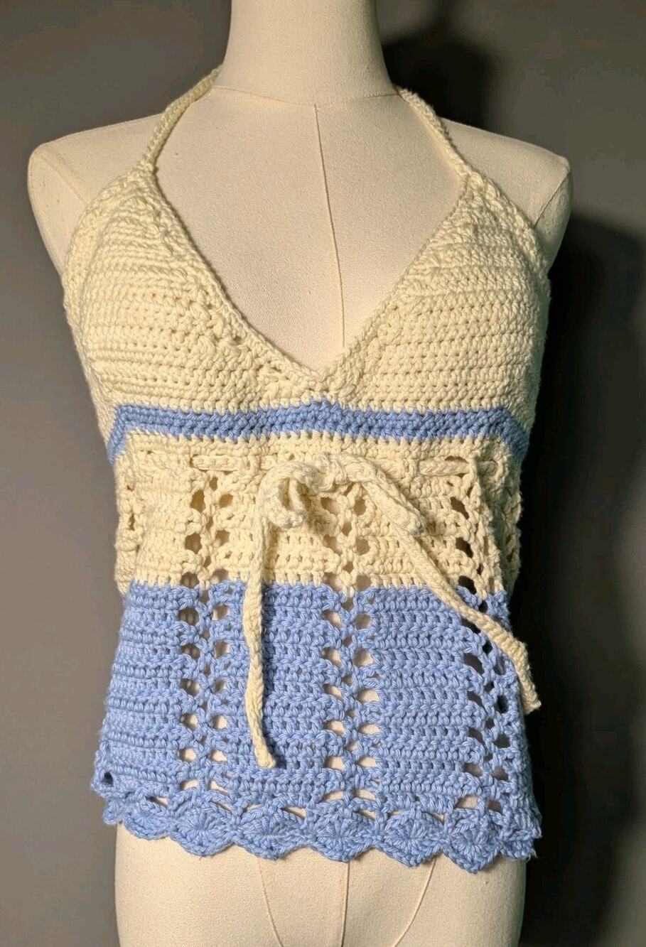 Handmade Crochet Halter Top Blue Cream Boho Festival Beach Tie Back Knit Tank S